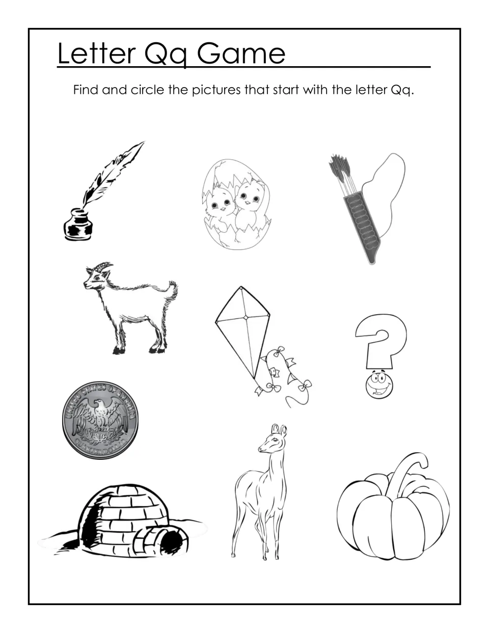 Letter Qq Game: students find and circle pictures starting with Q, such as a quill, quarter and question mark, among others