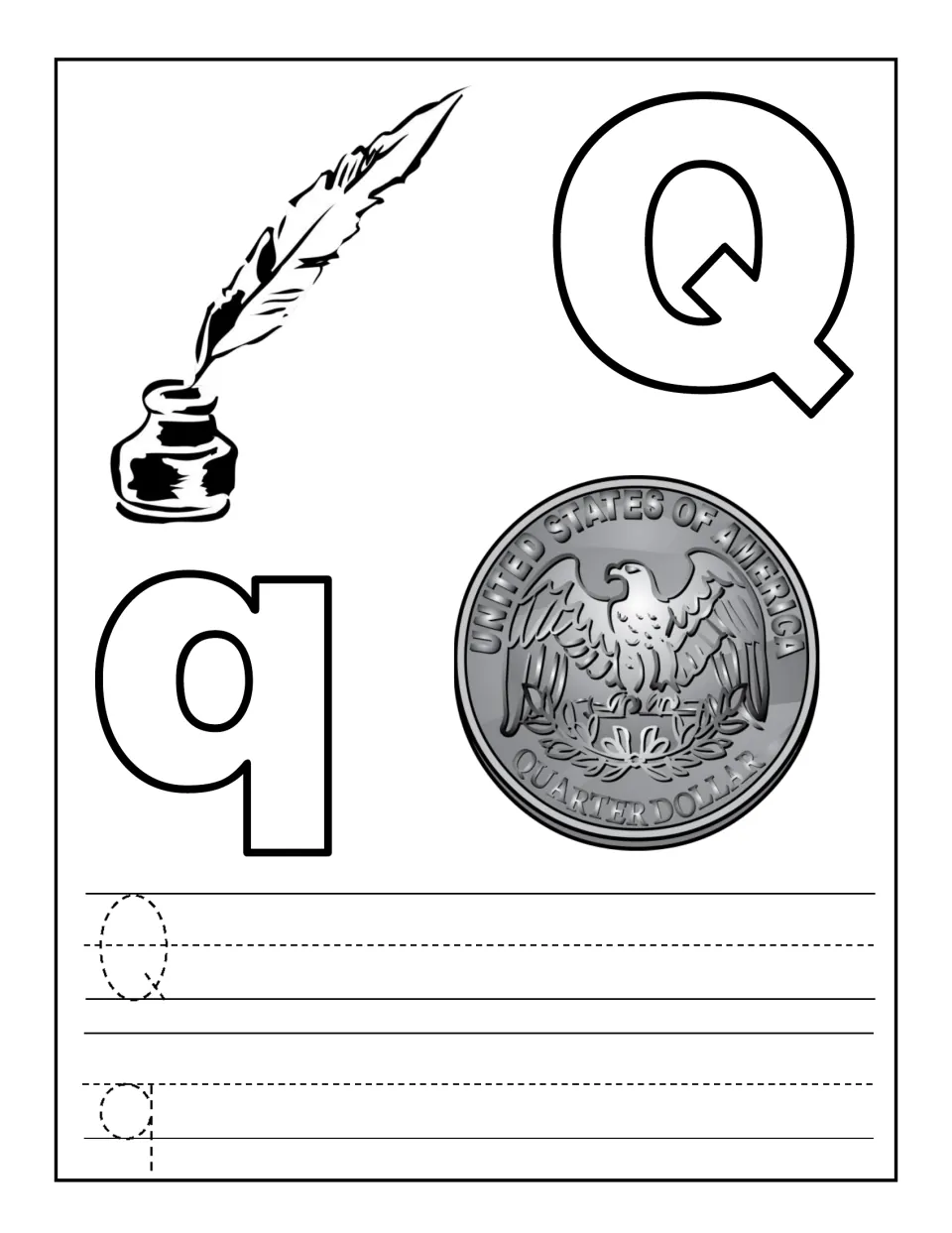 Letter Q intro: students color bubble Q and q, a quill and a quarter, then trace capital Q and lowercase q