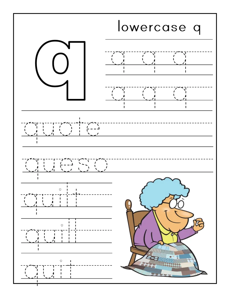 Lowercase q practice: students trace rows of q, then the words quote, queso and quilt beside a grandma sewing a quilt