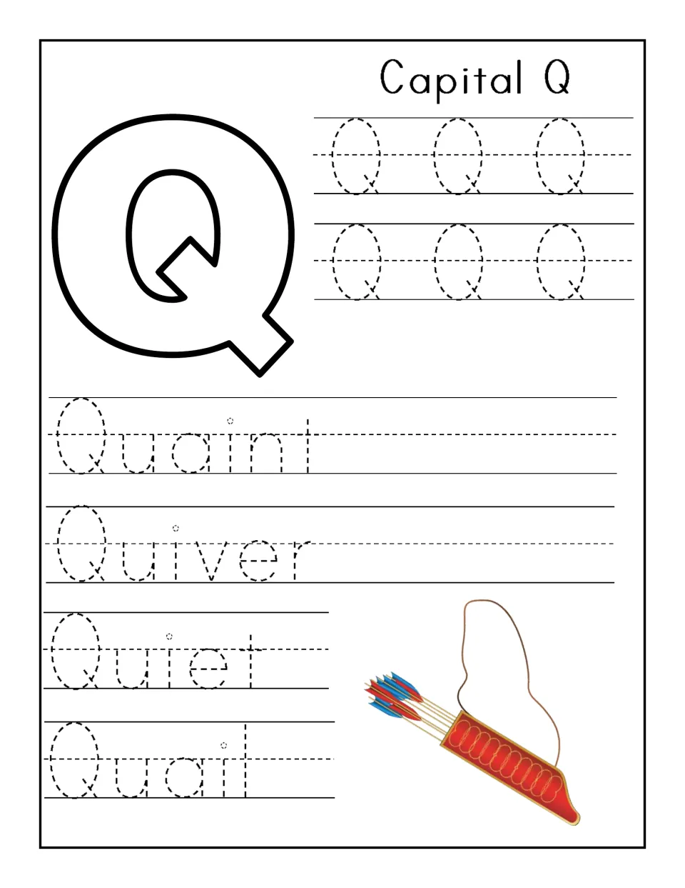 Capital Q practice: students trace rows of Q, then the words Quaint, Quiver, Quiet and Quail beside a quiver of arrows