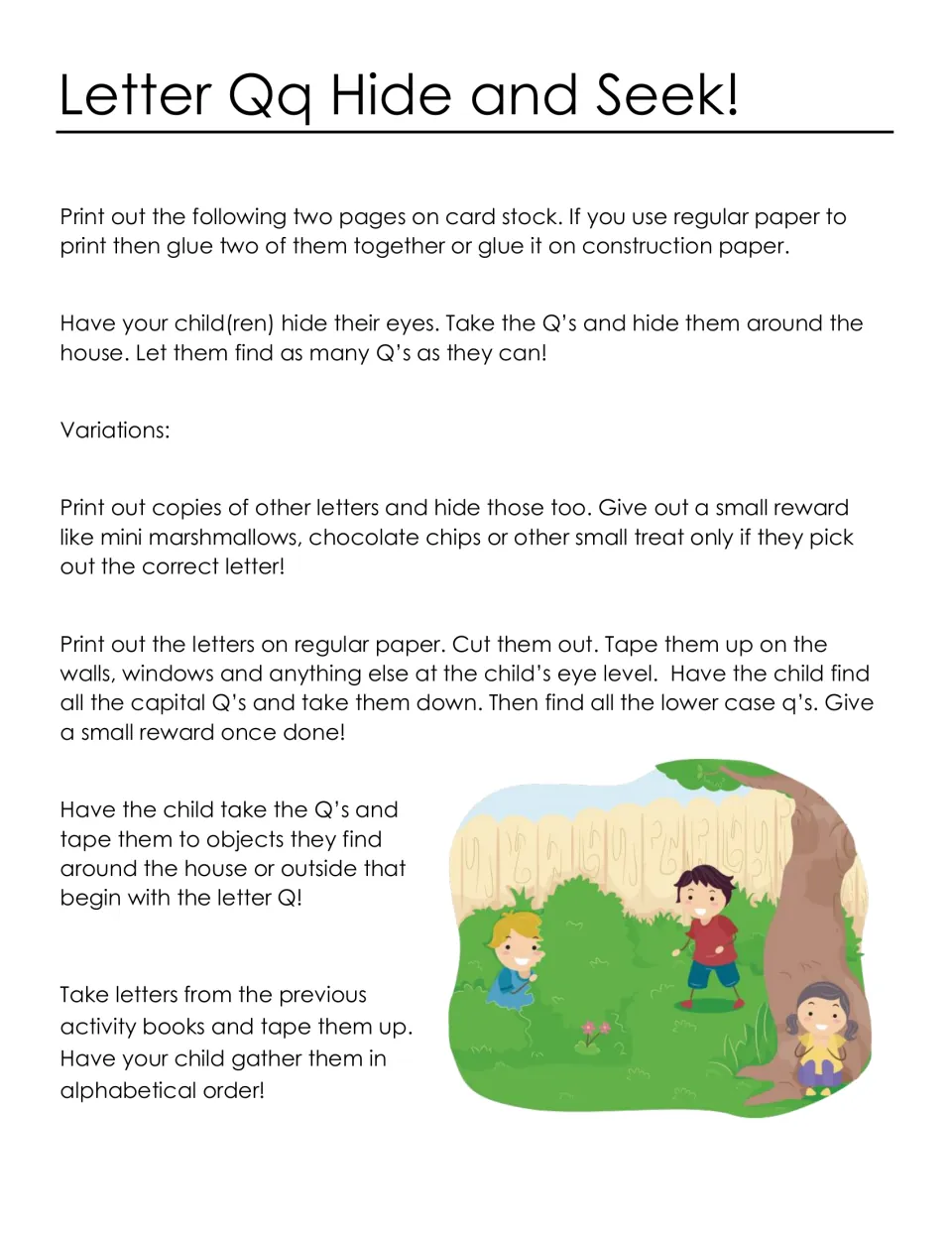 Letter Qq Hide and Seek directions: adults hide Q cards for children to find, plus variations sorting capital and small q