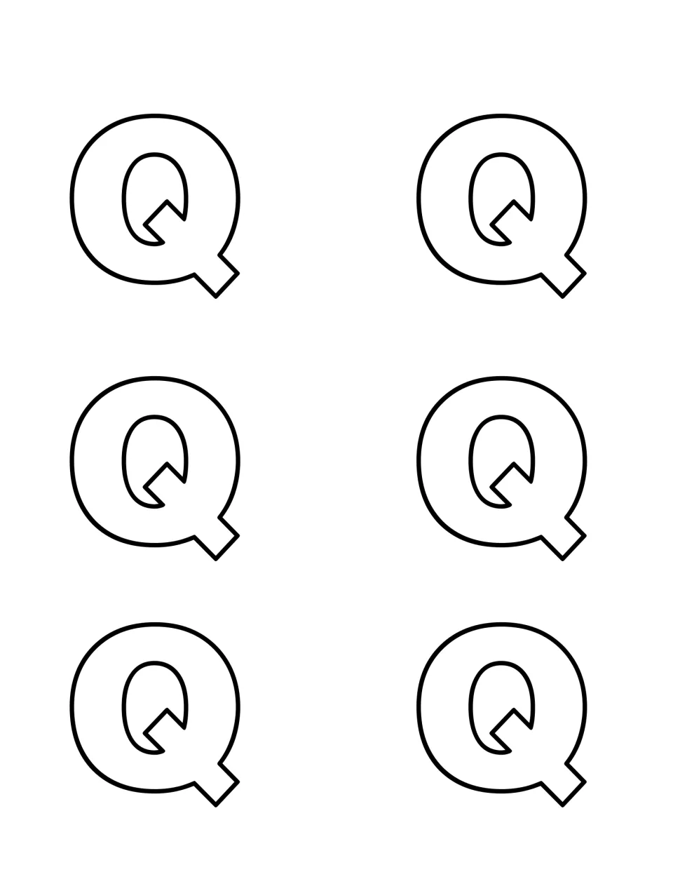Six outlined capital Q letters to print on card stock and cut out as the hiding cards for the letter recognition hunt