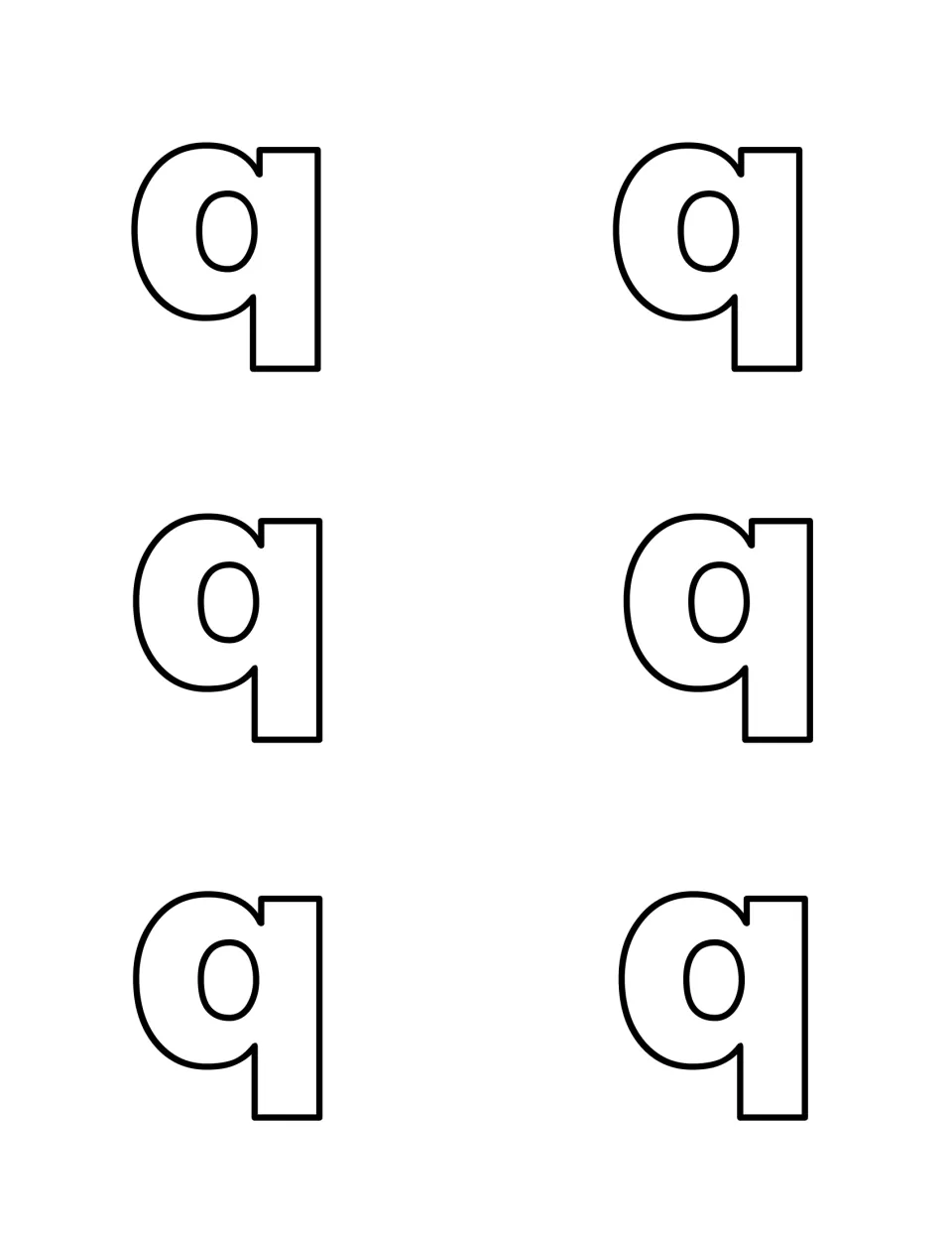 Six outlined lowercase q letters to cut out and hide, letting children practise telling lowercase q apart from capital Q