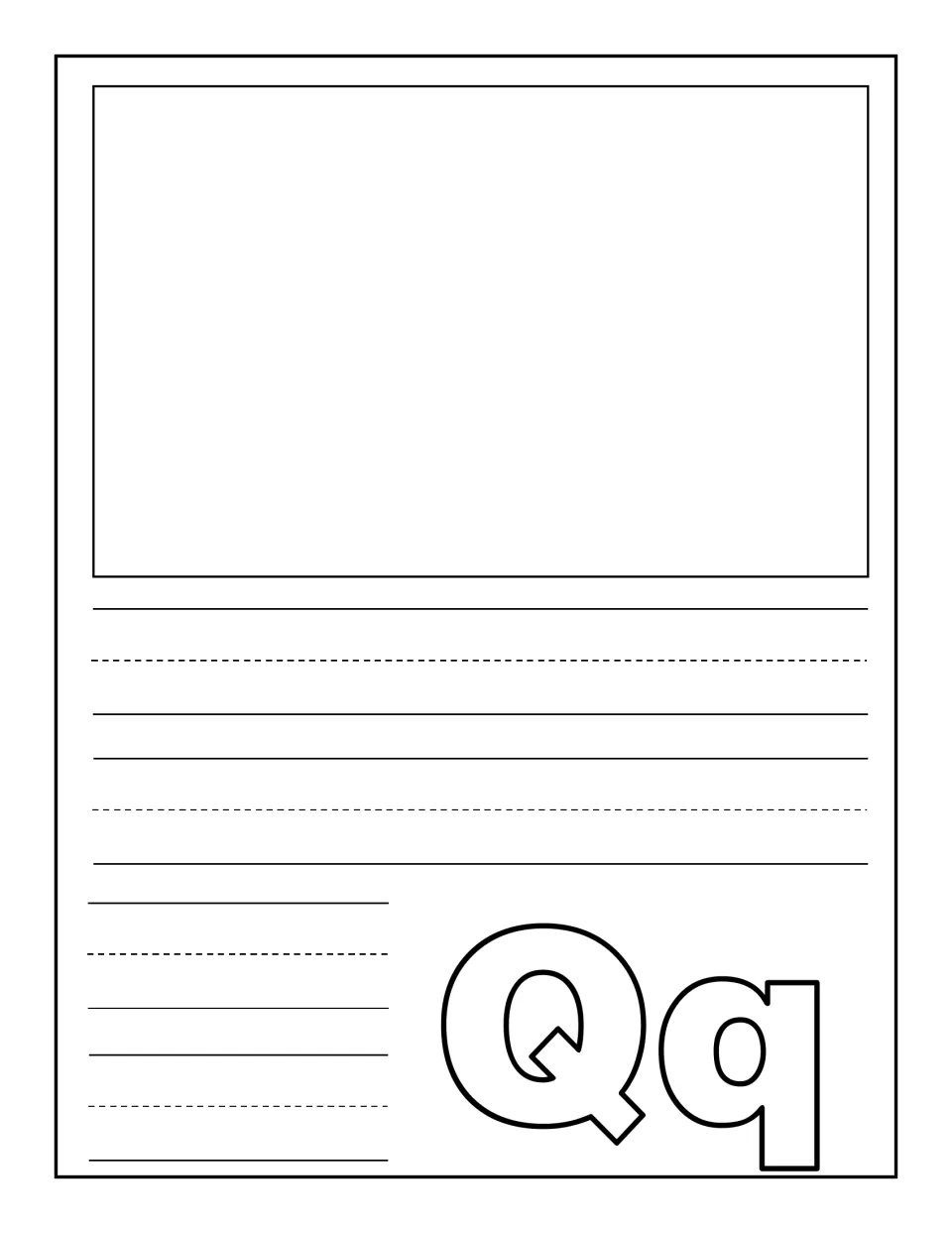 Letter Qq notebooking page: children draw one picture of something starting with Q and write its word on handwriting lines