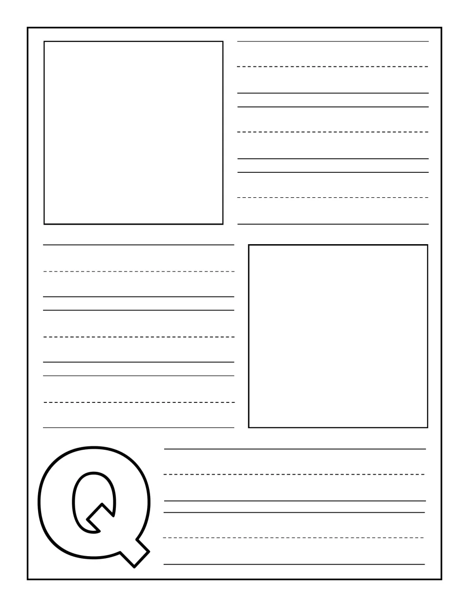 Uppercase Q notebooking page: children draw two pictures of Q words and write a caption or the word beside each one