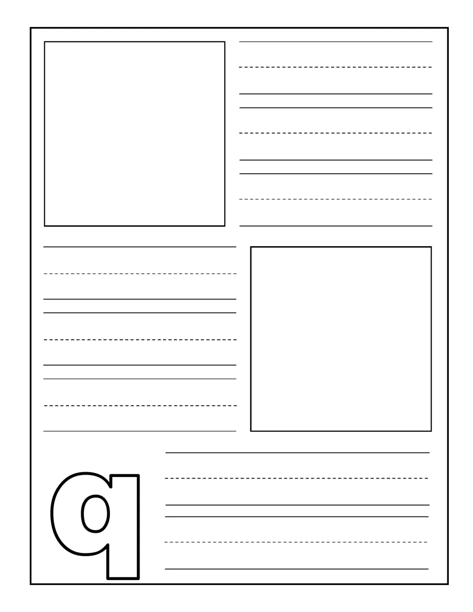 Lowercase q notebooking page: children illustrate two things that begin with q and practise writing those words