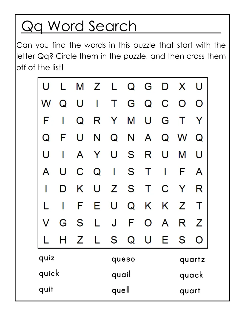 Qq word search: students circle nine Q words such as quiz, quick, quail, queso and quartz, then cross them off the list