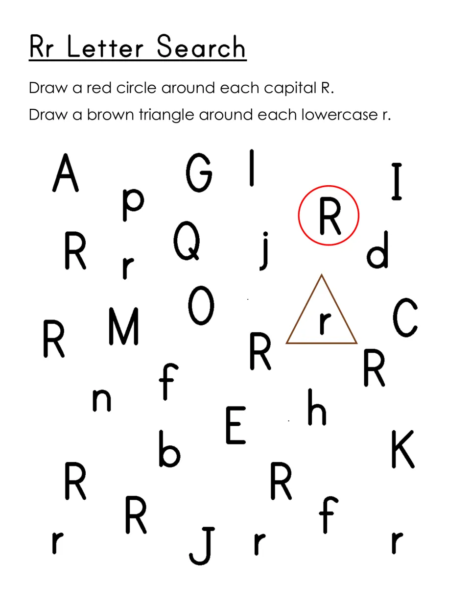 Rr Letter Search: students circle each capital R in red and draw a brown triangle around each lowercase r among letters