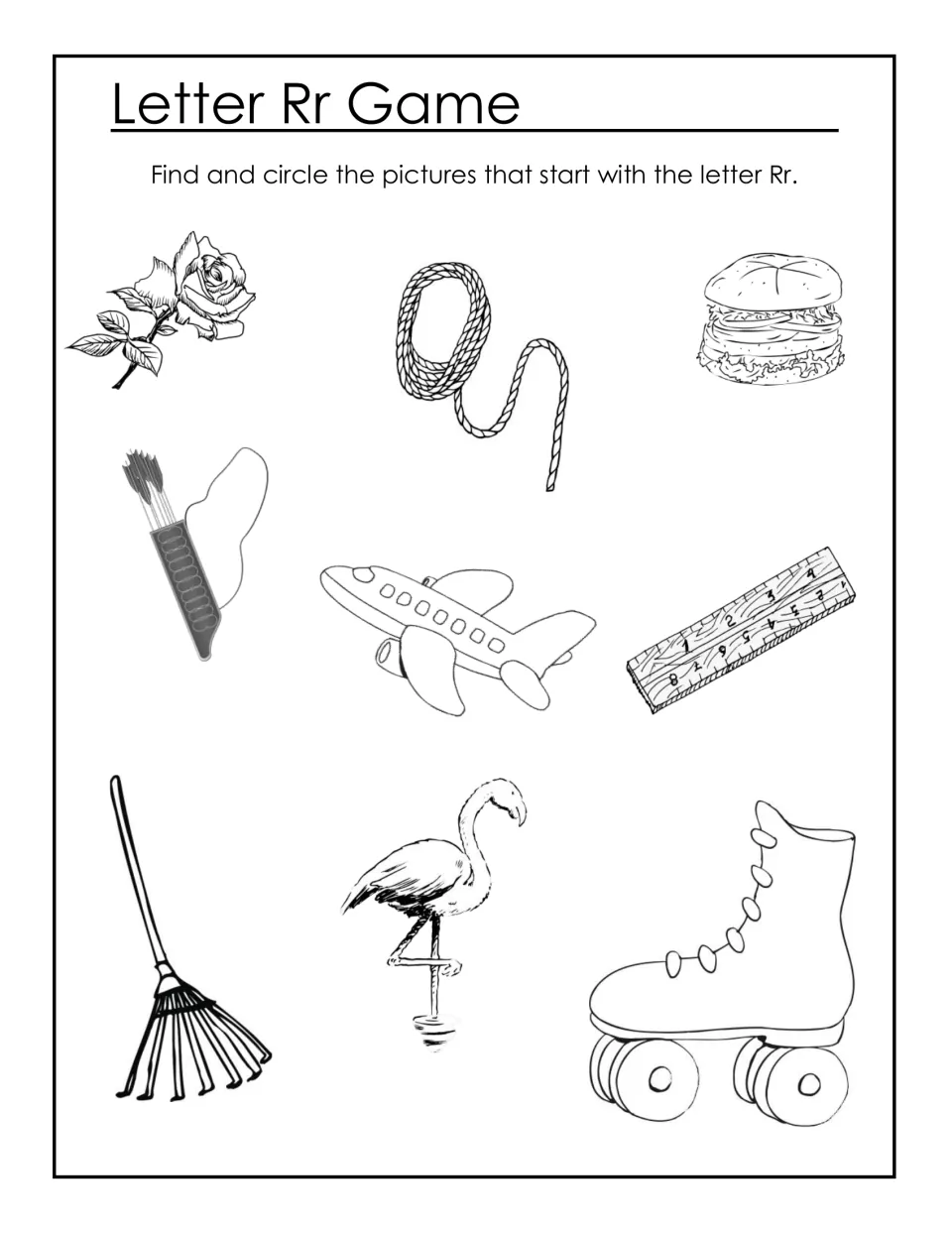 Letter Rr Game: students circle pictures starting with R, such as rose, rope, ruler, rake and roller skate, among others