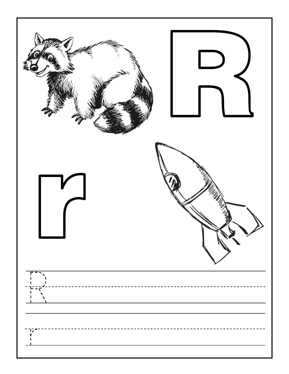 Letter R coloring and tracing: students color outline R, r, a raccoon and a rocket, then trace and write R and r