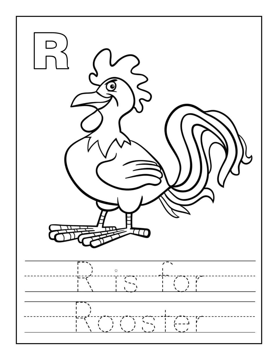 Letter R rooster page: students color a rooster and outline capital R, then trace the sentence 'R is for Rooster'