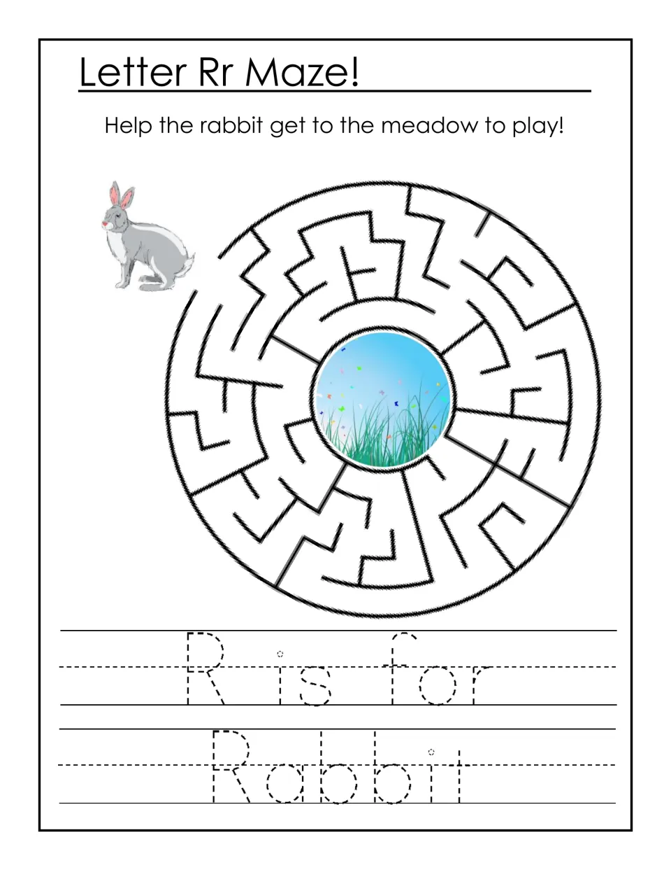 Letter Rr Maze: students guide a rabbit through a round maze to the meadow, then trace the sentence 'R is for Rabbit'