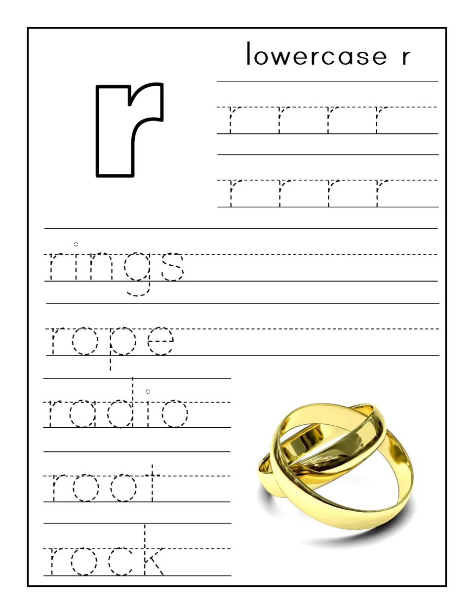 Lowercase r handwriting: students trace rows of r, then trace the words rings, rope, radio, root and rock