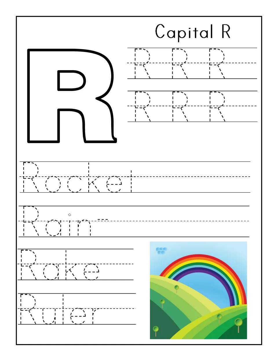 Capital R handwriting: students trace rows of uppercase R, then trace Rocket, Rain, Rake and Ruler next to a rainbow