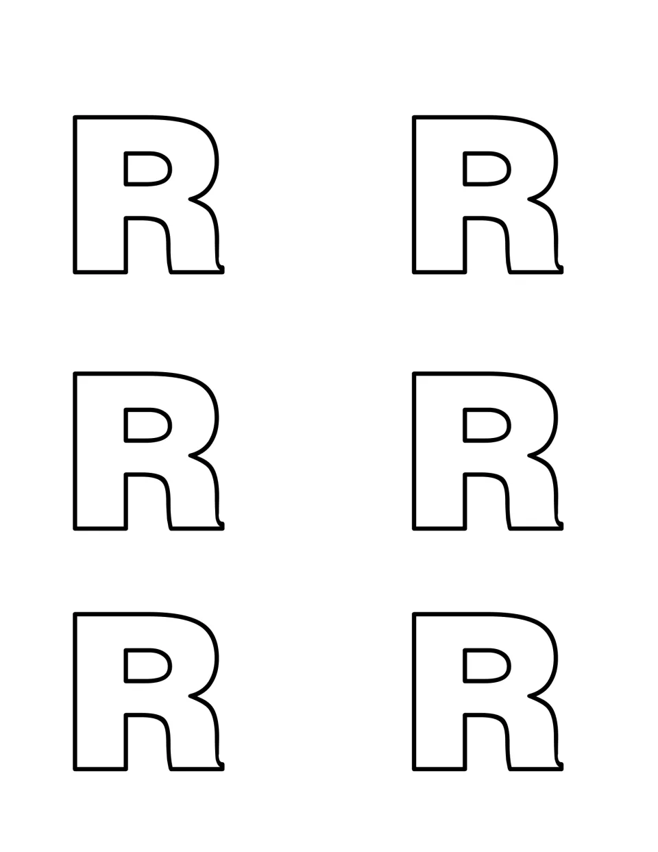 Capital R cut-outs: six outlined uppercase R cards to print on card stock and hide for a letter recognition search