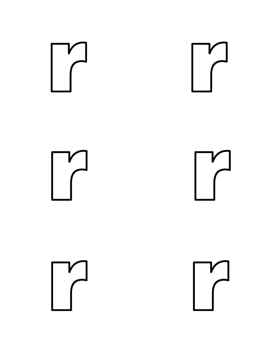 Lowercase r cut-outs: six outlined small r cards to cut out and tape up so children can find each r at eye level