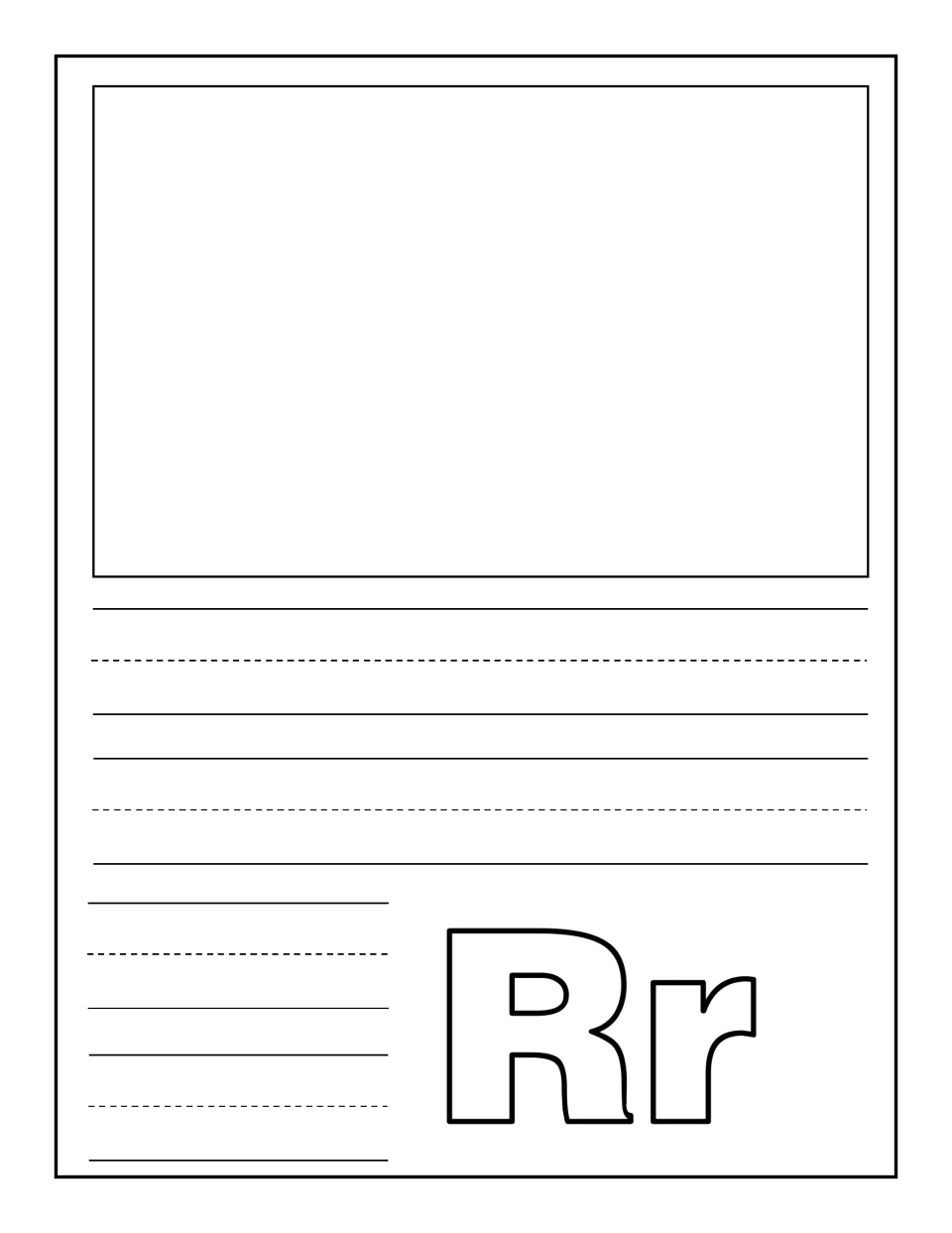 Letter Rr notebooking page: children draw or glue a picture of an R word, then write about it on handwriting rows