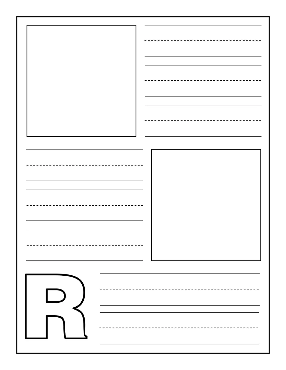 Uppercase R notebooking page: children add two pictures of things starting with R and write each word on handwriting rows