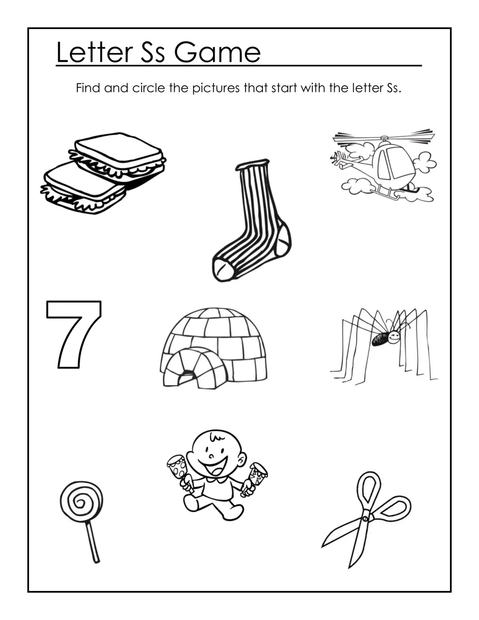 Letter Ss Game: beginning sounds; students circle pictures starting with S, like sandwich, sock, spider and scissors