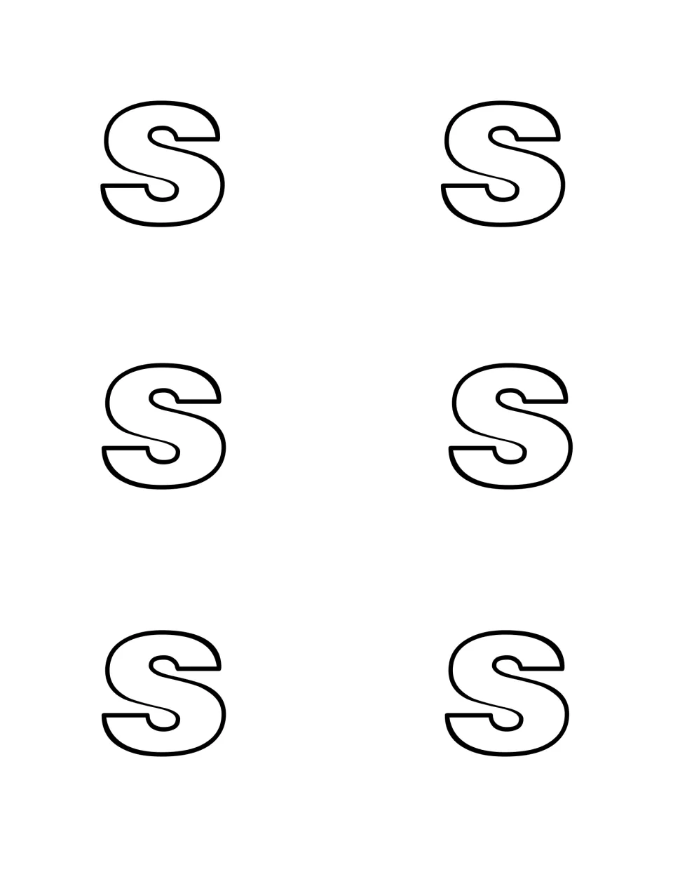 Six outlined lowercase s letters to cut out and hide, for the round where children seek only the lowercase s's