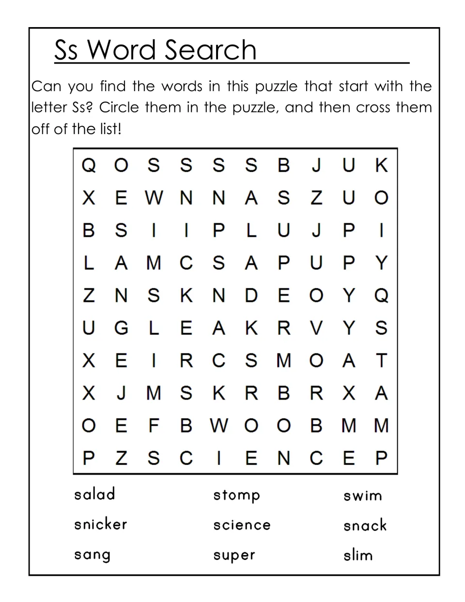 Ss word search: students find and circle 9 S words, such as salad, science, swim and snack, then cross them off the list