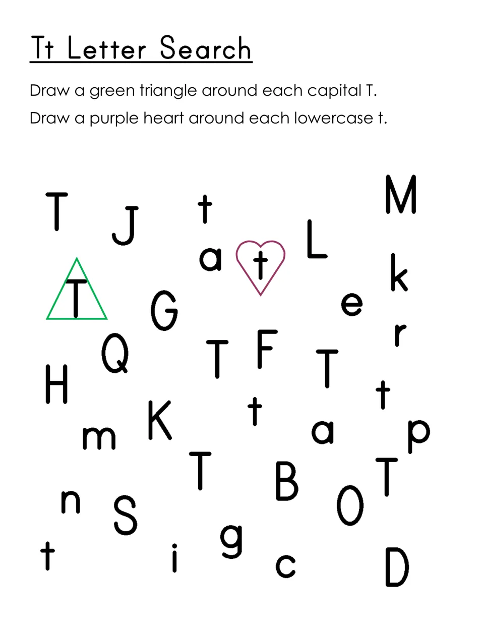 Tt Letter Search: students draw a green triangle around each capital T and a purple heart around each lowercase t