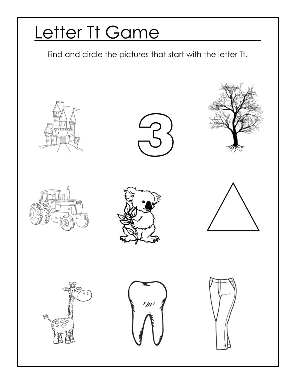 Letter Tt Game: students circle pictures starting with T, like tree, tractor, tooth and triangle, among nine drawings