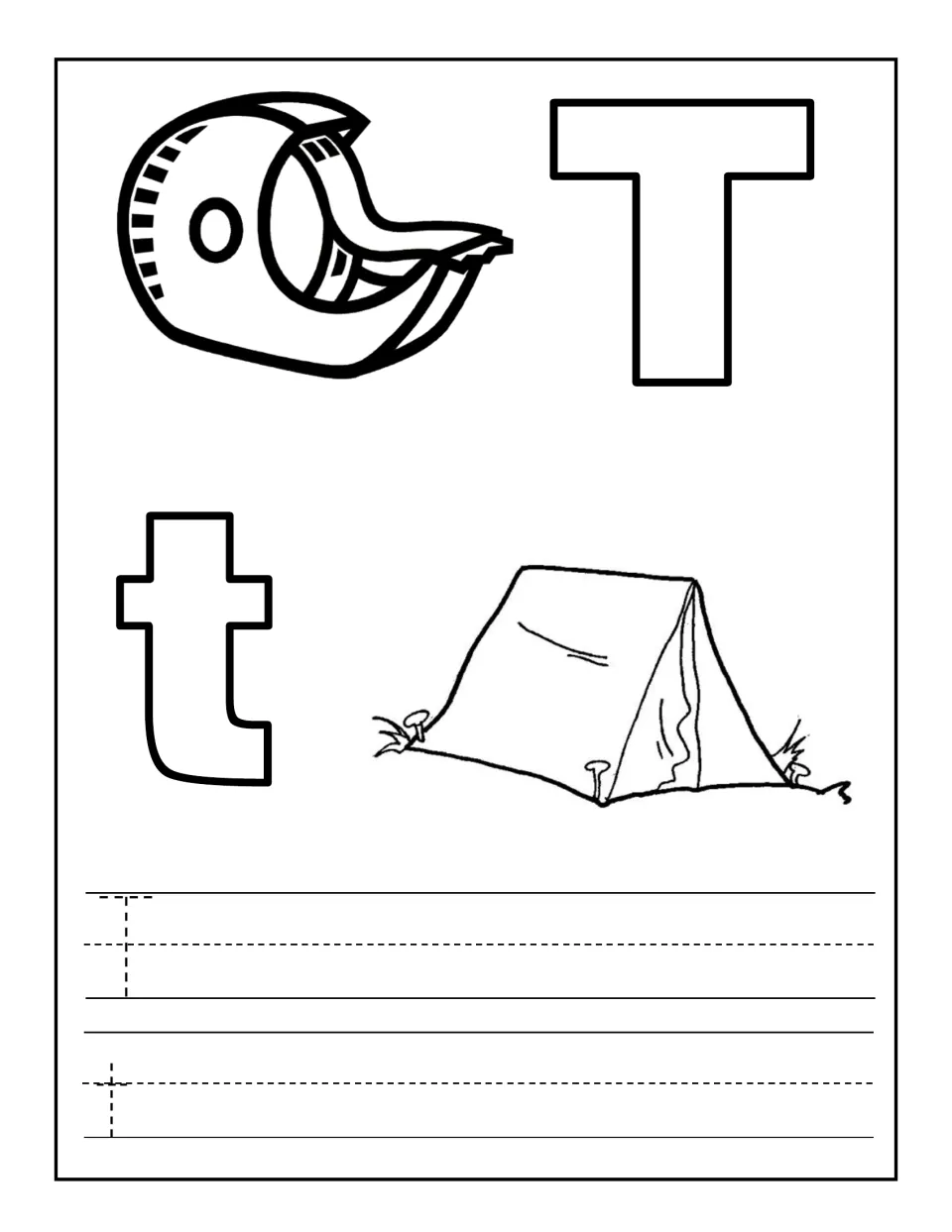 Letter T coloring and tracing: students color outlined T, t, tape and tent pictures, then trace capital T and lowercase t