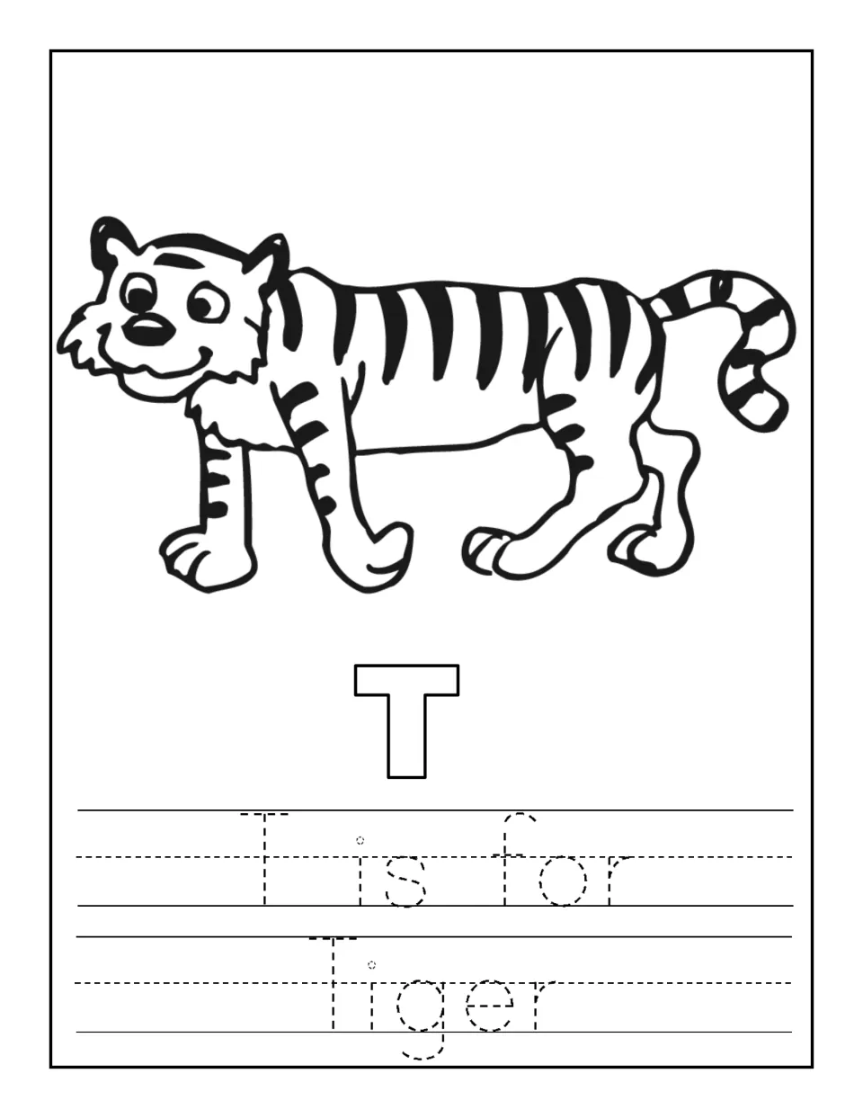 T is for tiger: students color a cartoon tiger and outlined capital T, then trace the sentence 'T is for Tiger'