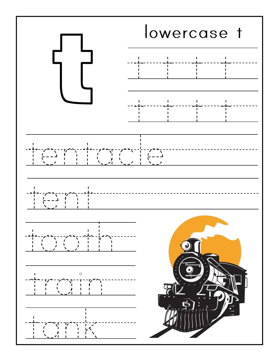 Lowercase t handwriting: students trace rows of t, then trace the words tentacle, tent, tooth, train and tank