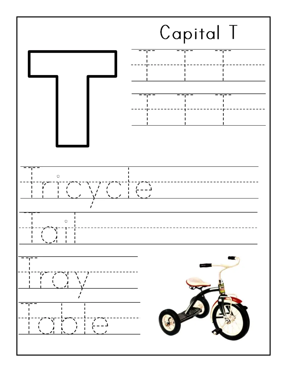 Capital T handwriting: students trace rows of uppercase T, then trace the words Tricycle, Tail, Tray and Table