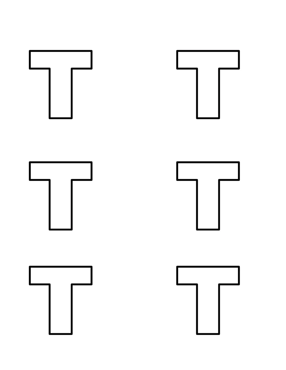 Six outlined capital T letters for children to cut out, hide and find, practising uppercase letter recognition