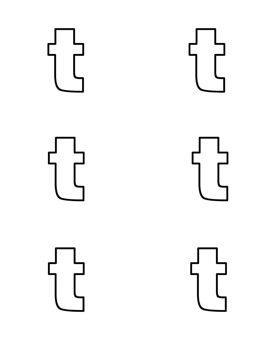 Six outlined lowercase t letters to cut out and hide, so children practise spotting the small t apart from the capital T