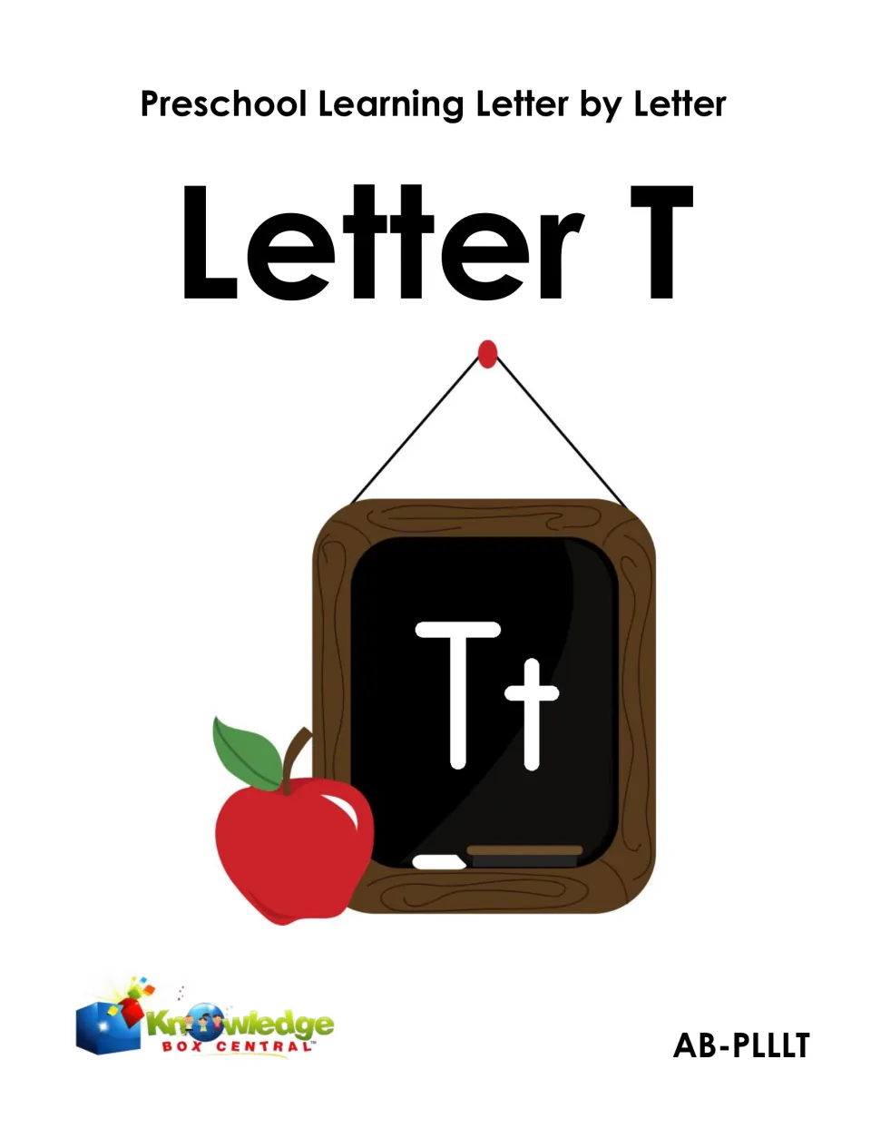 Cover for Letter T in the Preschool Learning Letter by Letter series, showing Tt on a chalkboard beside an apple
