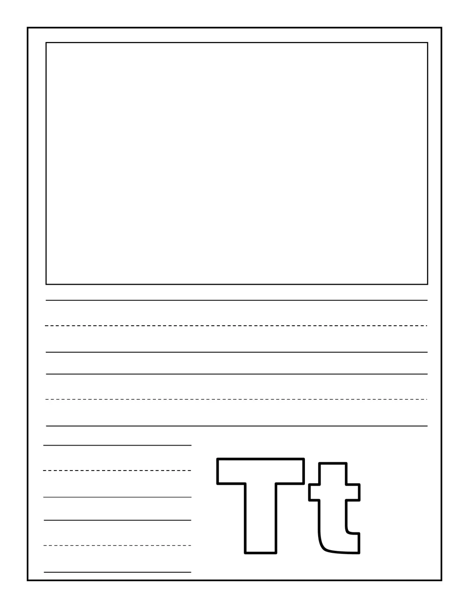Letter Tt notebooking page with outlined Tt: children draw one large picture of a T word and write a caption about it