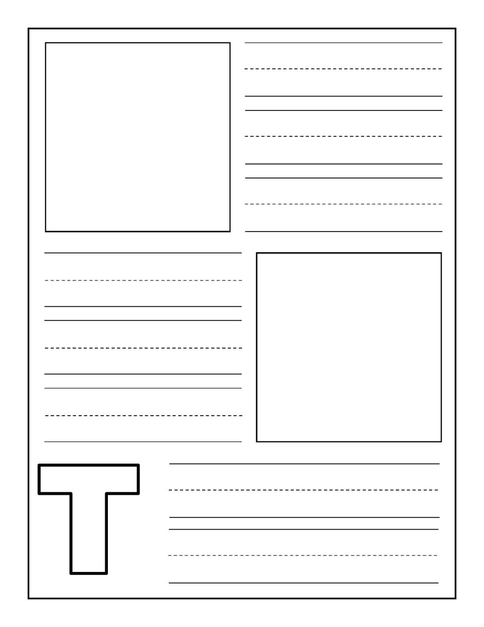 Uppercase T notebooking page: children draw or glue two pictures of T words and write a word or caption for each