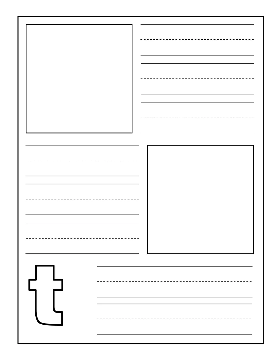 Lowercase t notebooking page: children add two pictures of T words, then practise writing each word or a short caption
