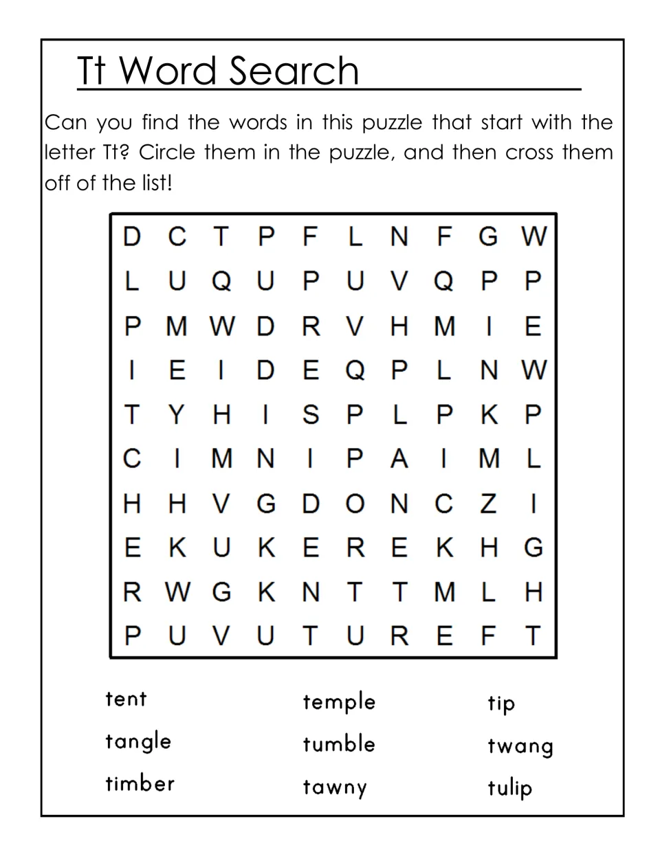 Tt word search: students find and circle 9 words that start with T, such as tent, tulip, timber and twang