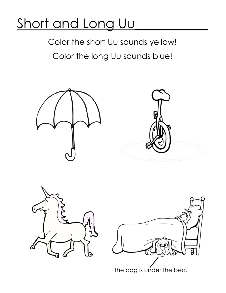 U sound coloring activity: color umbrella and under yellow for short U, unicycle and unicorn blue for long U.
