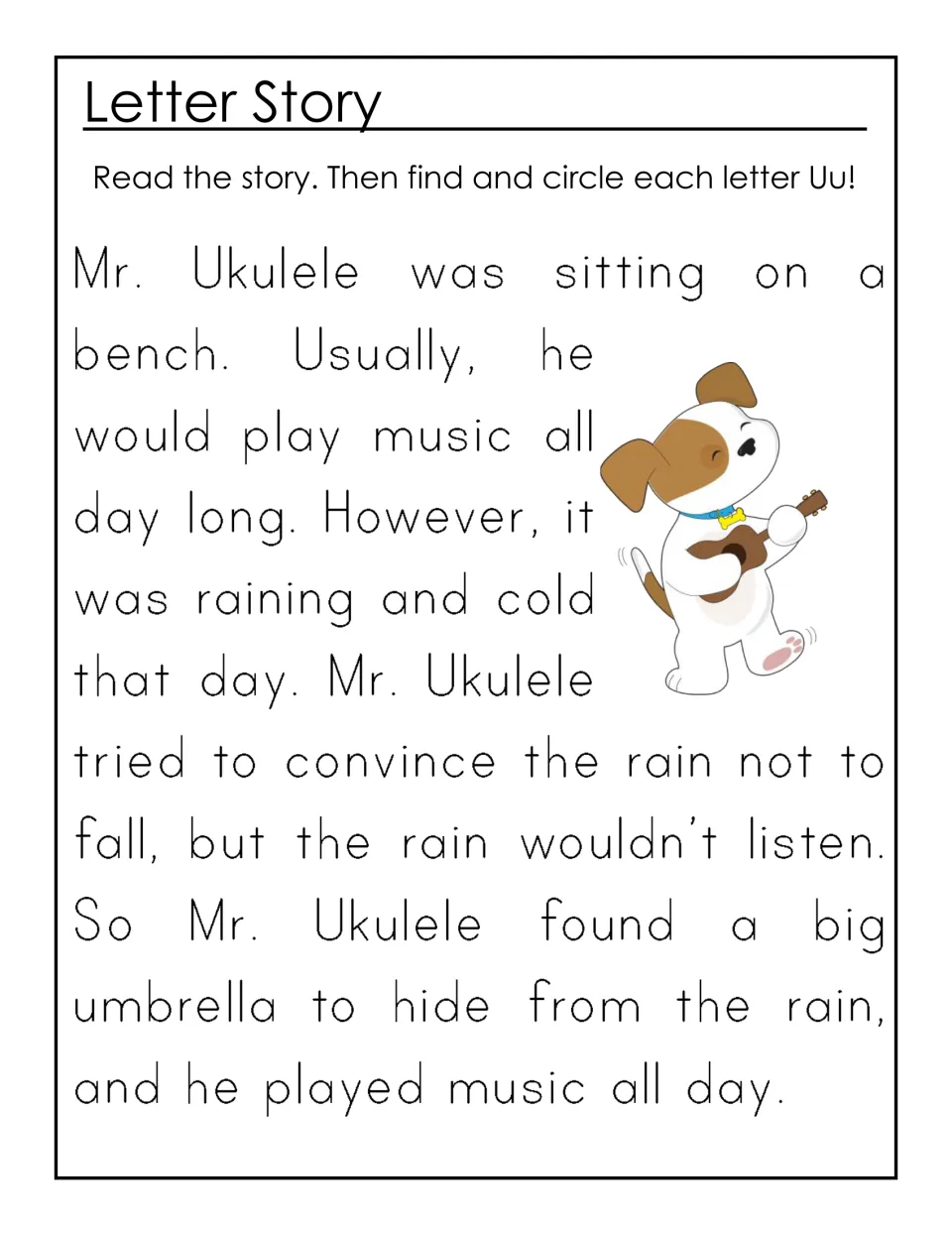 Letter Uu story about Mr. Ukulele playing music under a big umbrella in the rain; students find and circle each Uu
