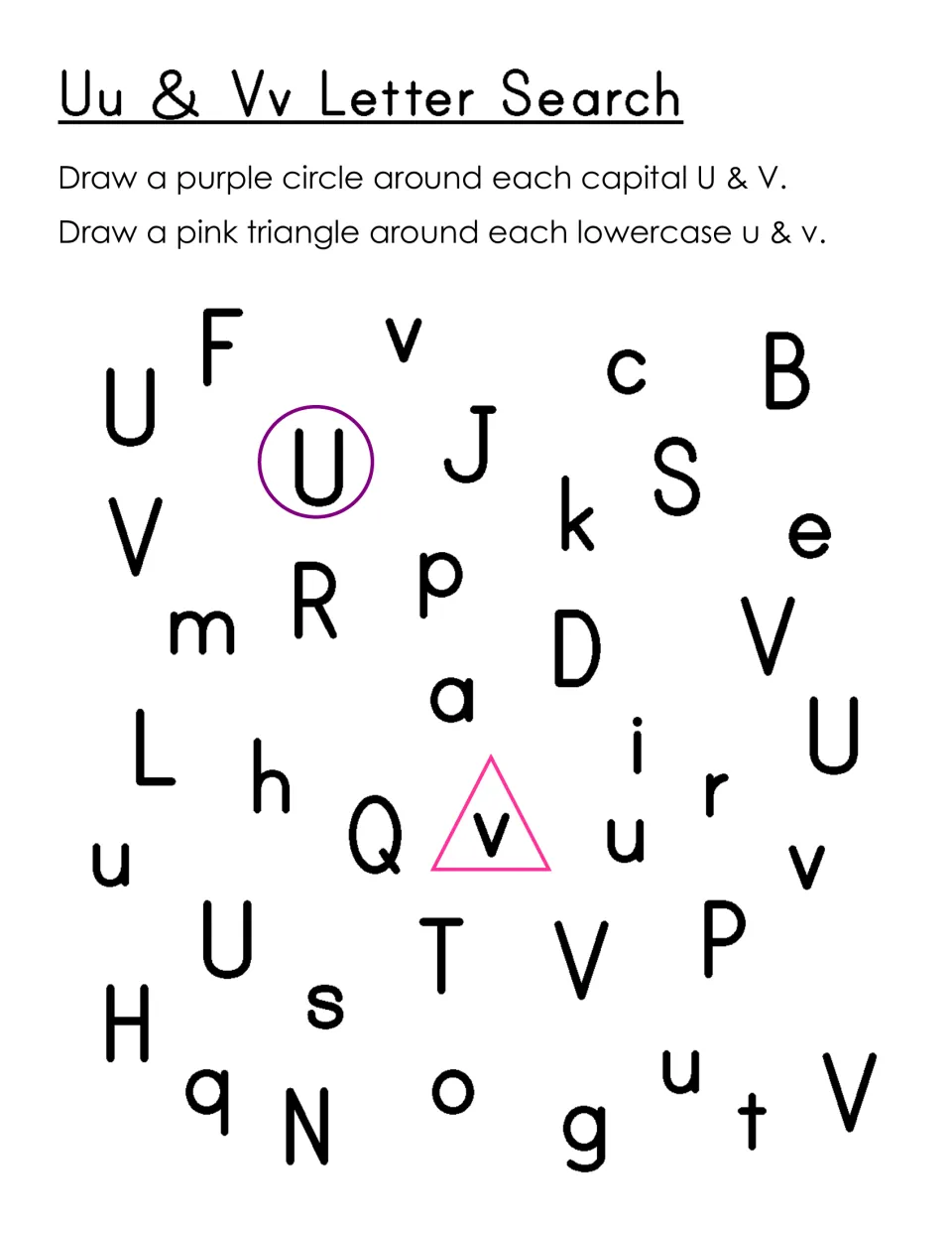 Uu & Vv Letter Search: students circle capital U and V in purple and draw pink triangles around lowercase u and v
