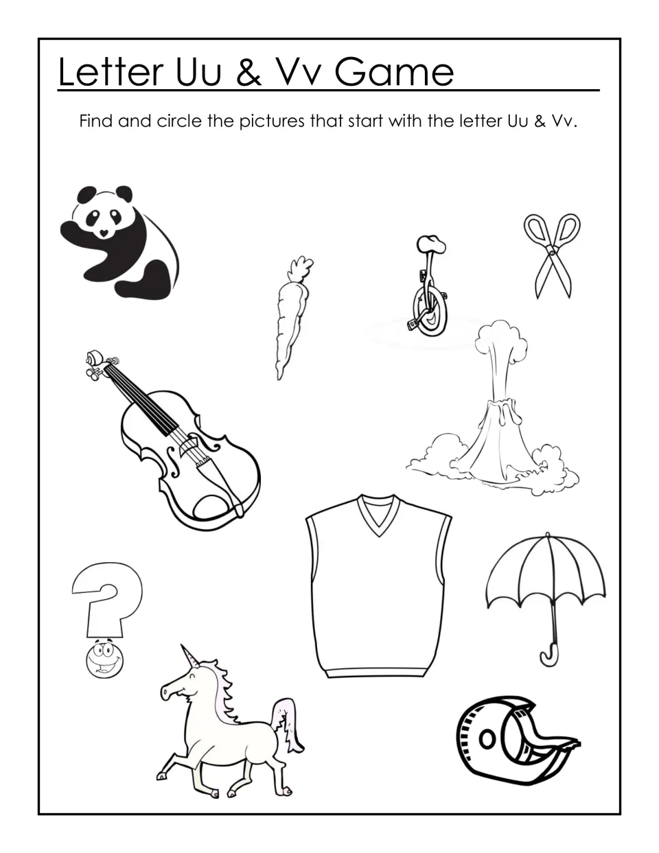 Letter Uu & Vv Game: students circle pictures starting with U or V, such as violin, unicorn, umbrella, vest and volcano