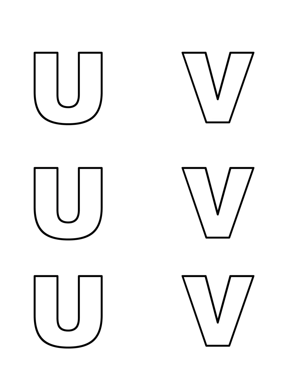 Capital U and V cut-outs: three outlined U and three V to print on card stock, cut out and hide for children to find
