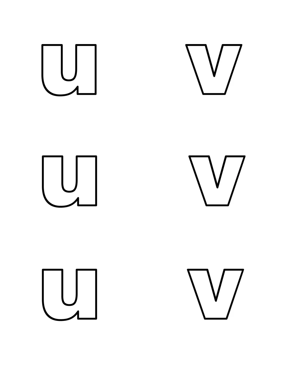 Lowercase u and v cut-outs: three outlined u and three v that children search for to practise lowercase letter recognition