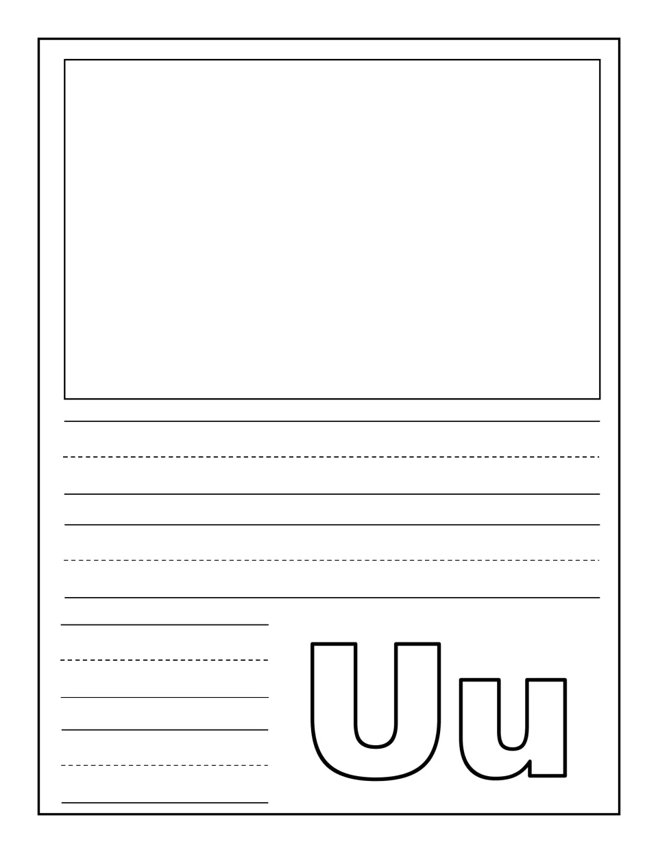 Letter Uu notebooking sheet: children draw or glue a U picture and write a caption beside an outlined Uu