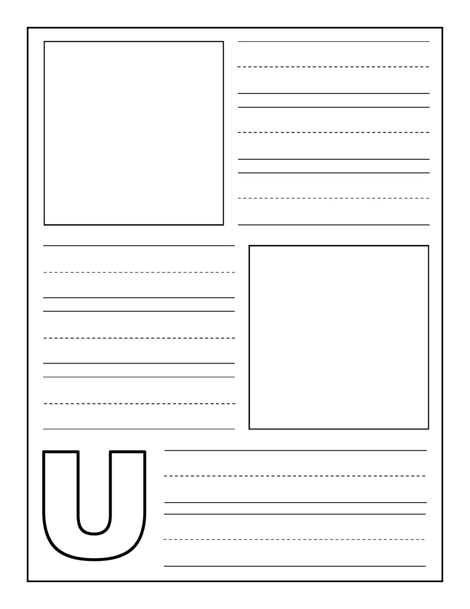 Uppercase U notebooking sheet: children add two pictures of U words and write a word or caption by each