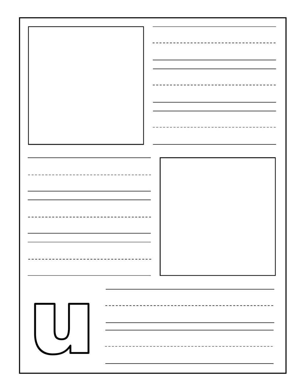 Lowercase u notebooking sheet: children show two things beginning with u and practise writing each word
