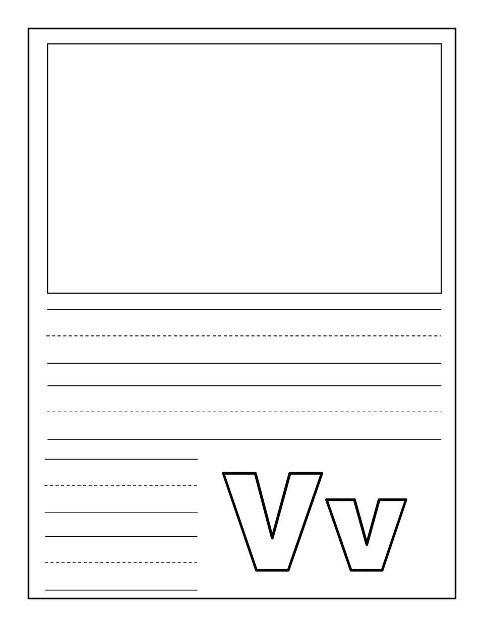 Letter Vv notebooking sheet: children draw or glue a picture of a V word, then write about it beside an outlined Vv