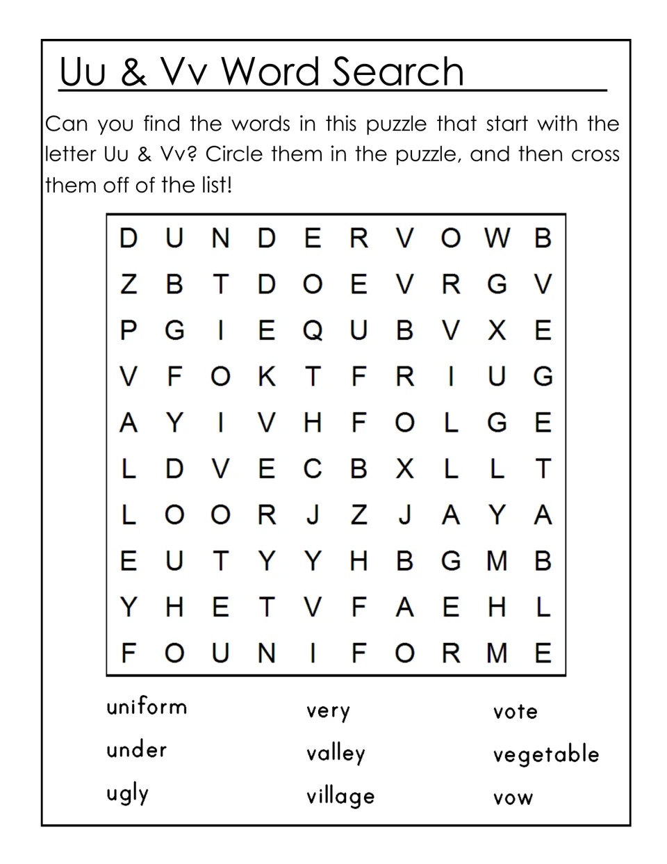Uu & Vv word search: students circle and cross off nine U and V words such as uniform, under, ugly, valley and vegetable