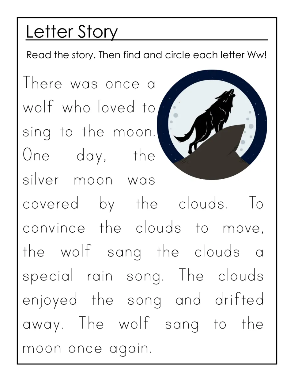 Letter W story about a wolf who sings to the moon: students read it, then find and circle each W and w in the text